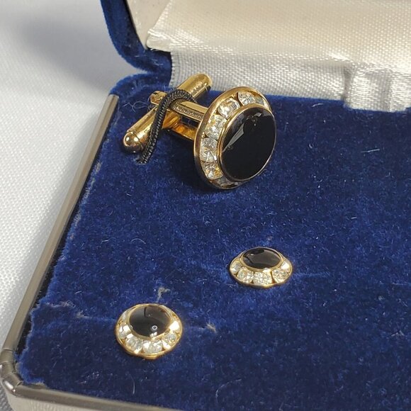 Today's Man Cufflinks Gold-Tone Black Onyx & Crystal Cufflink & Stud Set - Picture 6 of 10